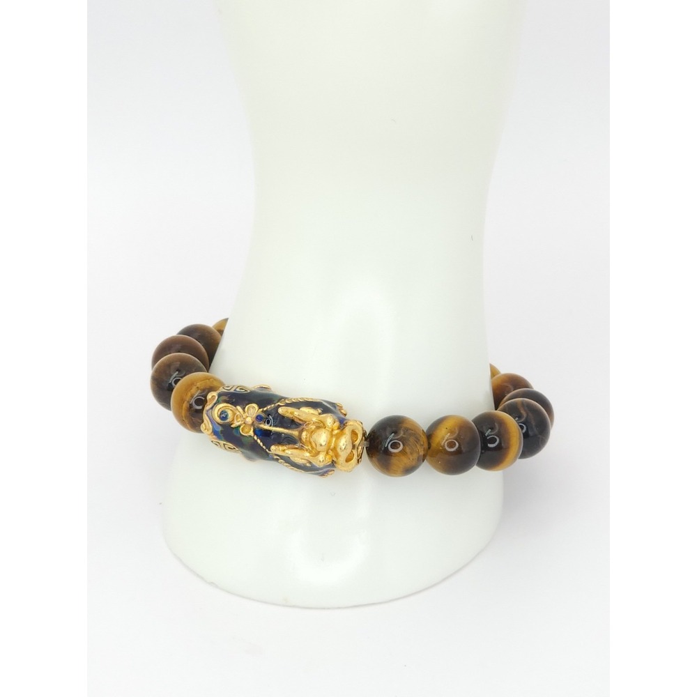 Natural Tigers Eye Bracelet Pixiu Charm Lucky Prosperity 8" Detailed .999 plated - Picture 5 of 10